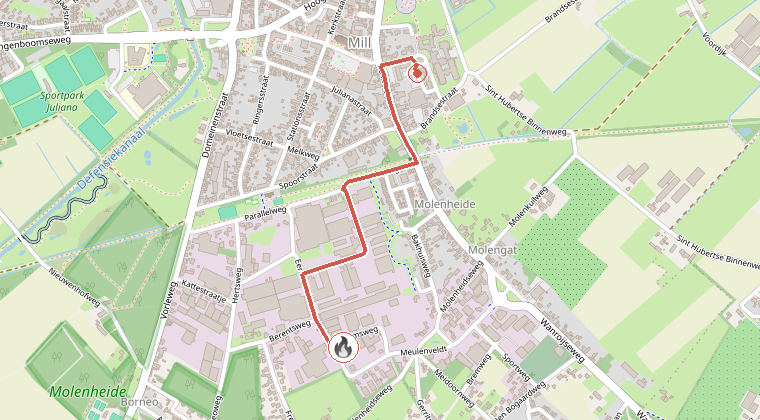 Kaart van de omgeving van de melding, met de kazerne die is gealarmeerd