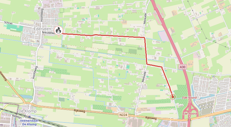 Kaart van de omgeving van de melding, met de kazerne die is gealarmeerd
