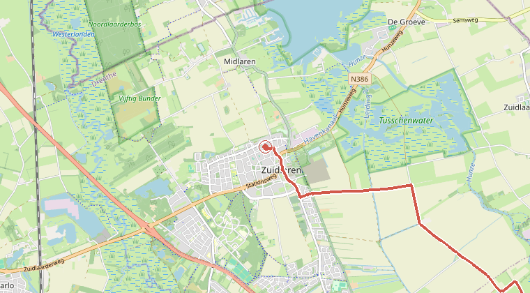 Kaart van de omgeving van de melding, met de kazerne die is gealarmeerd
