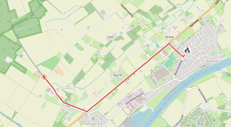 Kaart van de omgeving van de melding, met de kazerne die is gealarmeerd