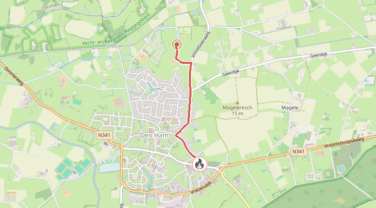 Kaart van de omgeving van de melding, met de kazerne die is gealarmeerd