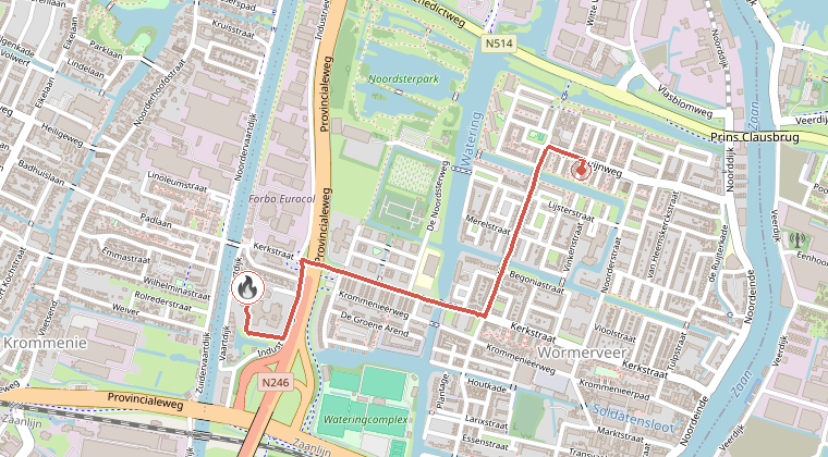 Kaart van de omgeving van de melding, met de kazerne die is gealarmeerd