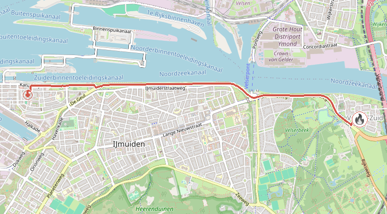 Kaart van de omgeving van de melding, met de kazerne die is gealarmeerd