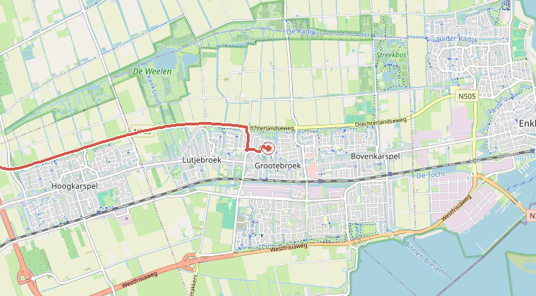 Kaart van de omgeving van de melding, met de kazerne die is gealarmeerd