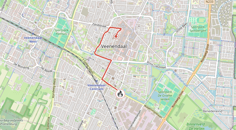 Kaart van de omgeving van de melding, met de kazerne die is gealarmeerd