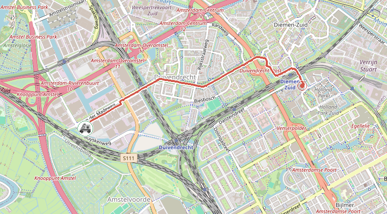 Kaart van de omgeving van de melding, met de kazerne die is gealarmeerd
