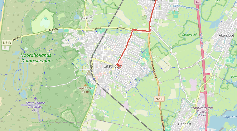 Kaart van de omgeving van de melding, met de kazerne die is gealarmeerd
