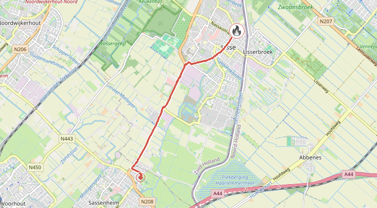 Kaart van de omgeving van de melding, met de kazerne die is gealarmeerd