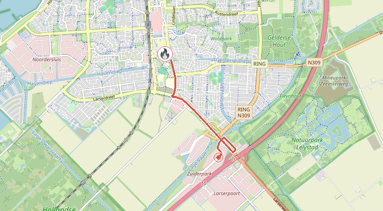 Kaart van de omgeving van de melding, met de kazerne die is gealarmeerd