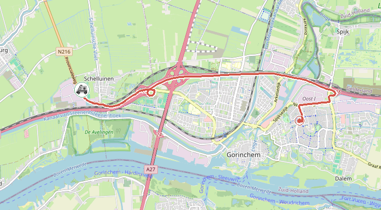 Kaart van de omgeving van de melding, met de kazerne die is gealarmeerd