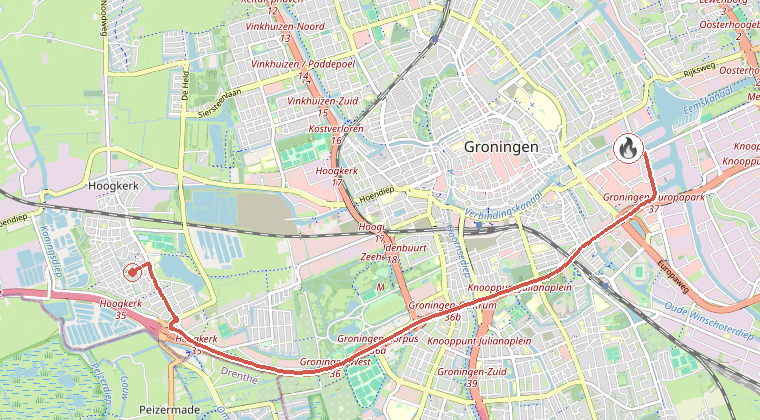 Kaart van de omgeving van de melding, met de kazerne die is gealarmeerd