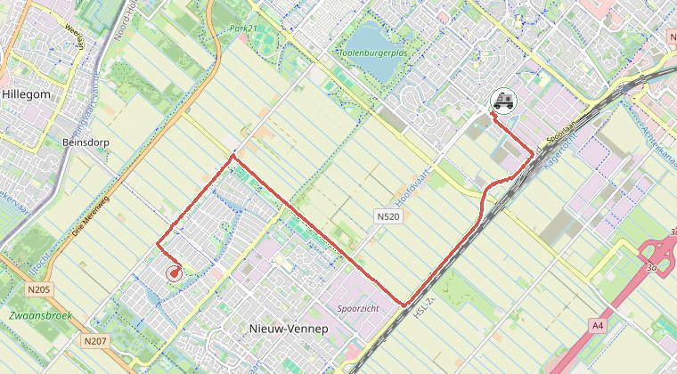 Kaart van de omgeving van de melding, met de kazerne die is gealarmeerd