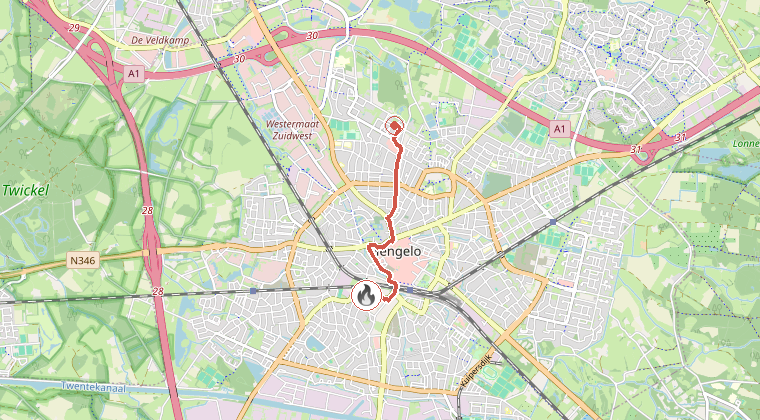 Kaart van de omgeving van de melding, met de kazerne die is gealarmeerd
