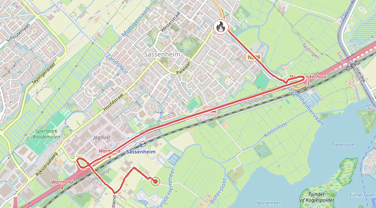Kaart van de omgeving van de melding, met de kazerne die is gealarmeerd