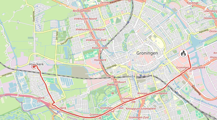 Kaart van de omgeving van de melding, met de kazerne die is gealarmeerd