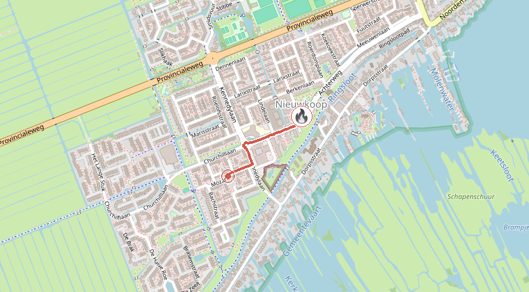 Kaart van de omgeving van de melding, met de kazerne die is gealarmeerd