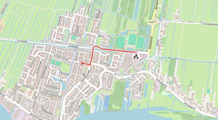 Kaart van de omgeving van de melding, met de kazerne die is gealarmeerd