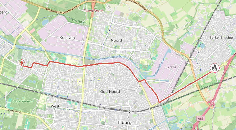Kaart van de omgeving van de melding, met de kazerne die is gealarmeerd