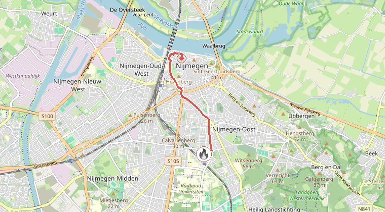 Kaart van de omgeving van de melding, met de kazerne die is gealarmeerd