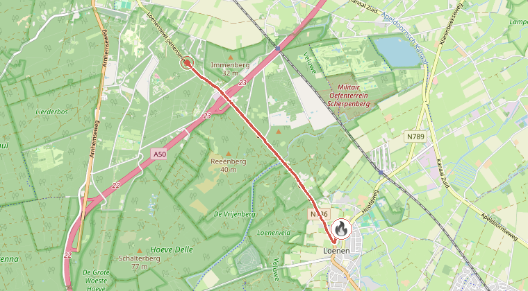 Kaart van de omgeving van de melding, met de kazerne die is gealarmeerd