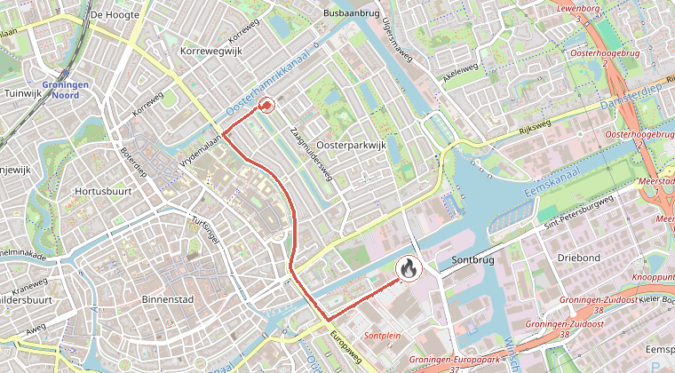 Kaart van de omgeving van de melding, met de kazerne die is gealarmeerd