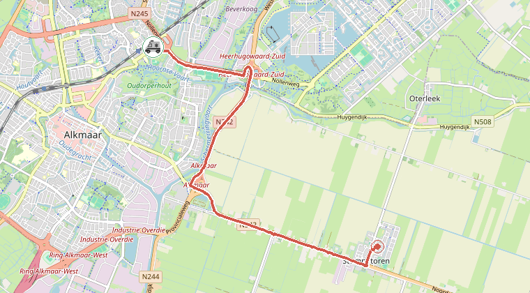 Kaart van de omgeving van de melding, met de kazerne die is gealarmeerd