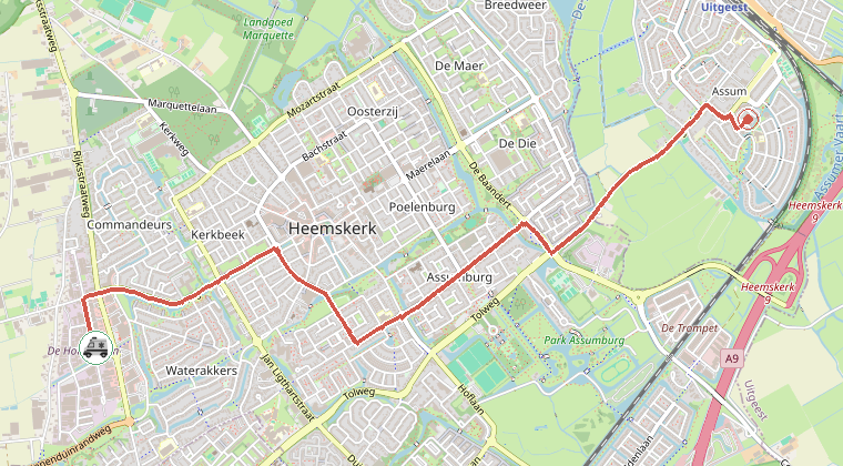 Kaart van de omgeving van de melding, met de kazerne die is gealarmeerd