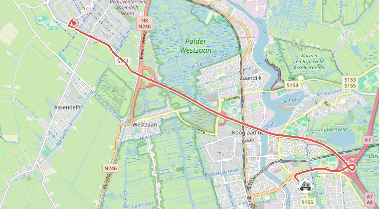 Kaart van de omgeving van de melding, met de kazerne die is gealarmeerd