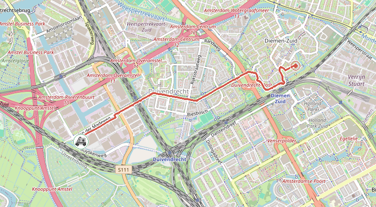 Kaart van de omgeving van de melding, met de kazerne die is gealarmeerd