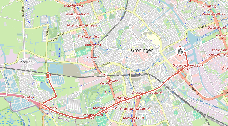 Kaart van de omgeving van de melding, met de kazerne die is gealarmeerd
