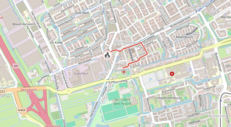 Kaart van de omgeving van de melding, met de kazerne die is gealarmeerd