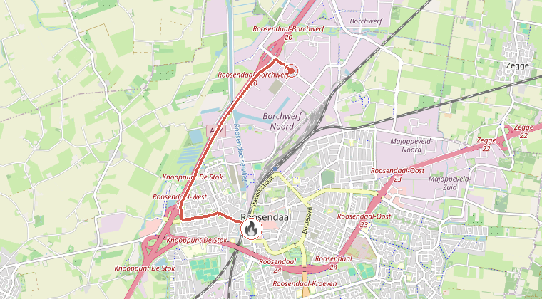 Kaart van de omgeving van de melding, met de kazerne die is gealarmeerd