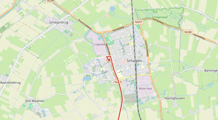 Kaart van de omgeving van de melding, met de kazerne die is gealarmeerd
