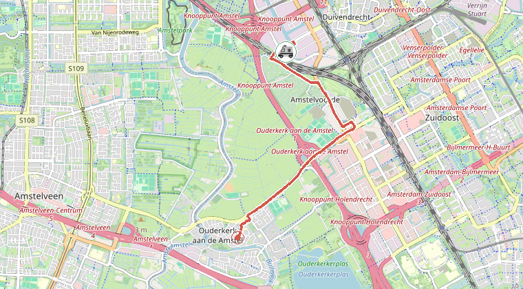 Kaart van de omgeving van de melding, met de kazerne die is gealarmeerd