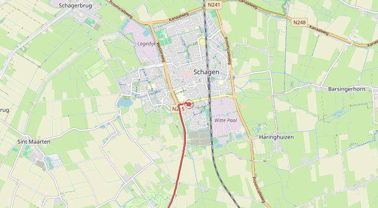 Kaart van de omgeving van de melding, met de kazerne die is gealarmeerd