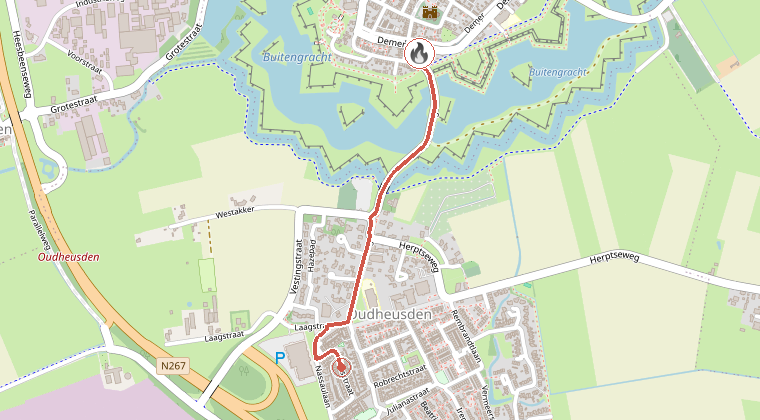 Kaart van de omgeving van de melding, met de kazerne die is gealarmeerd