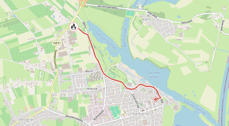 Kaart van de omgeving van de melding, met de kazerne die is gealarmeerd