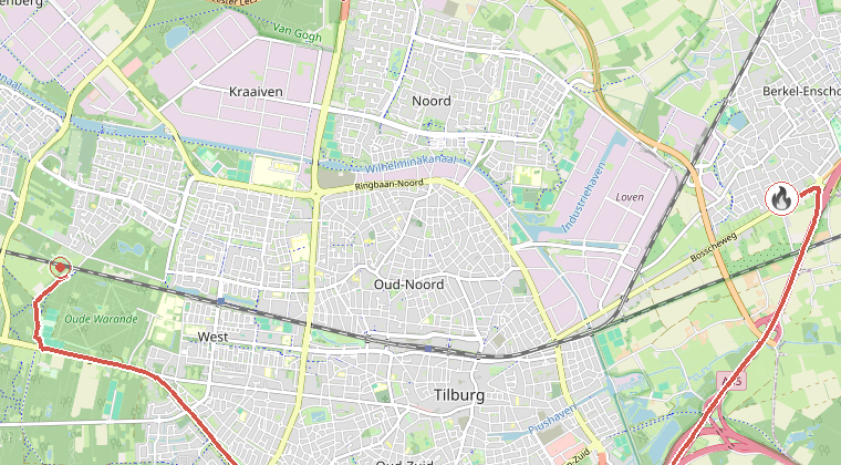 Kaart van de omgeving van de melding, met de kazerne die is gealarmeerd