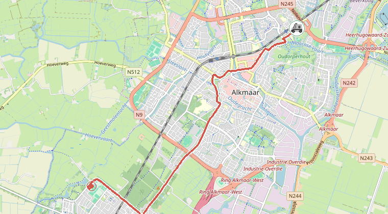 Kaart van de omgeving van de melding, met de kazerne die is gealarmeerd