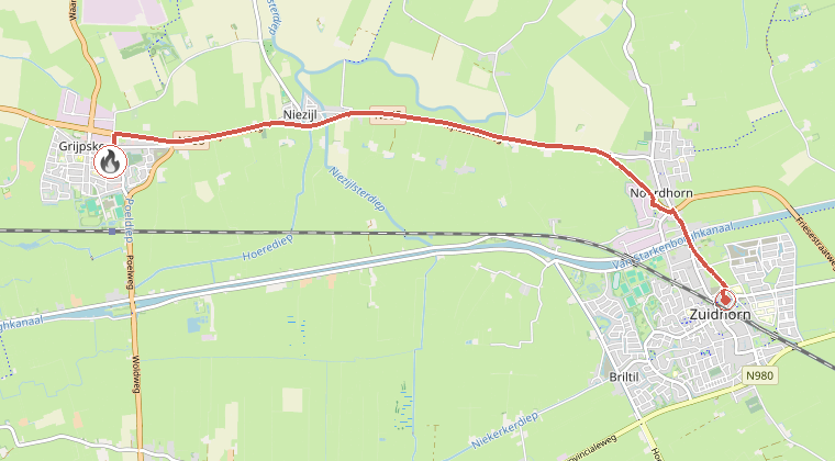 Kaart van de omgeving van de melding, met de kazerne die is gealarmeerd