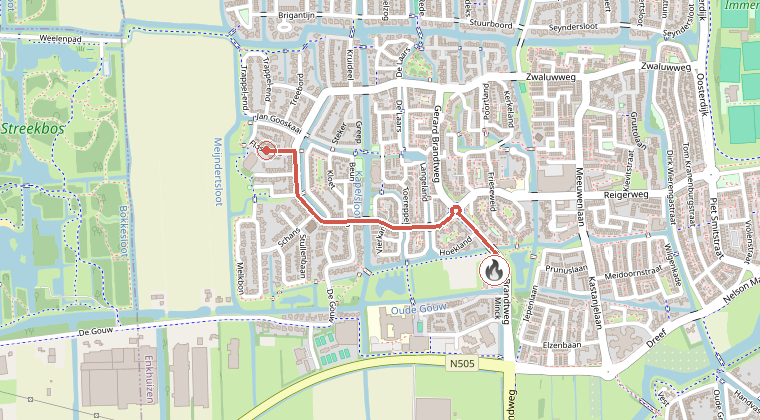 Kaart van de omgeving van de melding, met de kazerne die is gealarmeerd