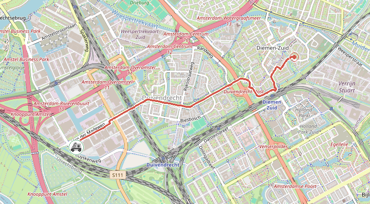 Kaart van de omgeving van de melding, met de kazerne die is gealarmeerd