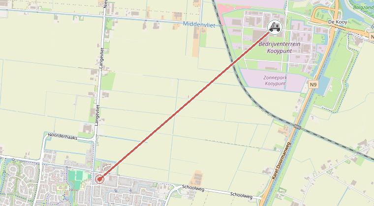 Kaart van de omgeving van de melding, met de kazerne die is gealarmeerd
