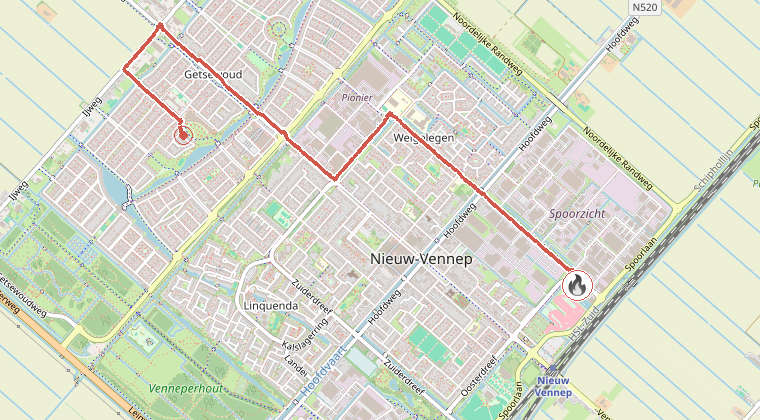 Kaart van de omgeving van de melding, met de kazerne die is gealarmeerd
