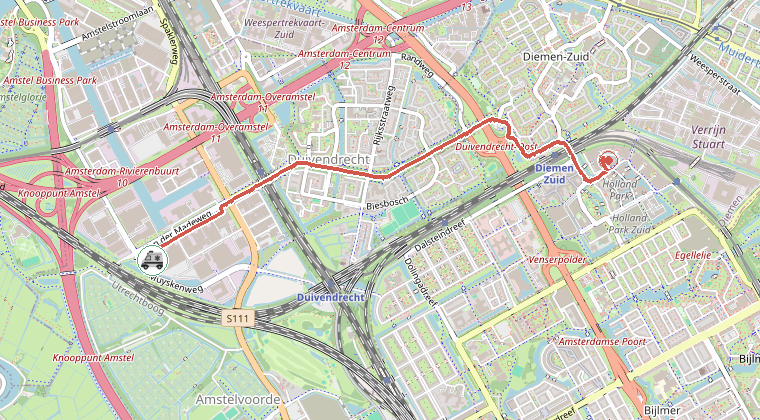 Kaart van de omgeving van de melding, met de kazerne die is gealarmeerd