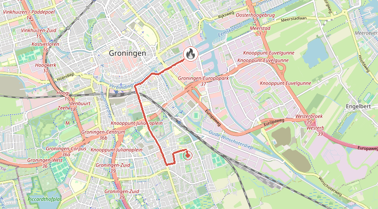 Kaart van de omgeving van de melding, met de kazerne die is gealarmeerd