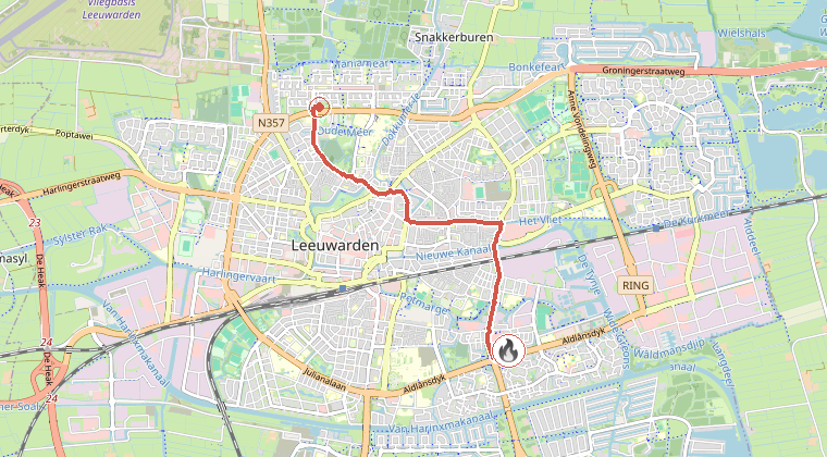 Kaart van de omgeving van de melding, met de kazerne die is gealarmeerd