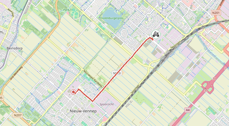 Kaart van de omgeving van de melding, met de kazerne die is gealarmeerd