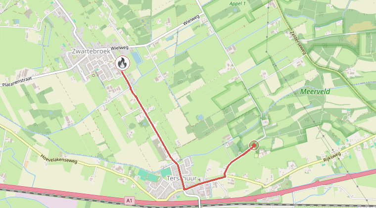 Kaart van de omgeving van de melding, met de kazerne die is gealarmeerd