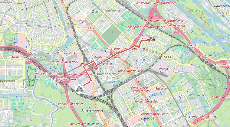 Kaart van de omgeving van de melding, met de kazerne die is gealarmeerd